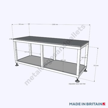 Heavy-duty workbench with feet and measurements